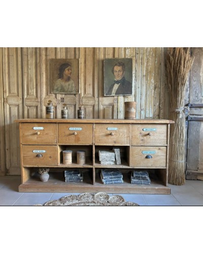 Meuble de métier , meuble à tiroirs avec plaques émaillées
