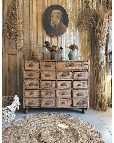 Ancien meuble d'atelier en bois, meuble de quincaillerie