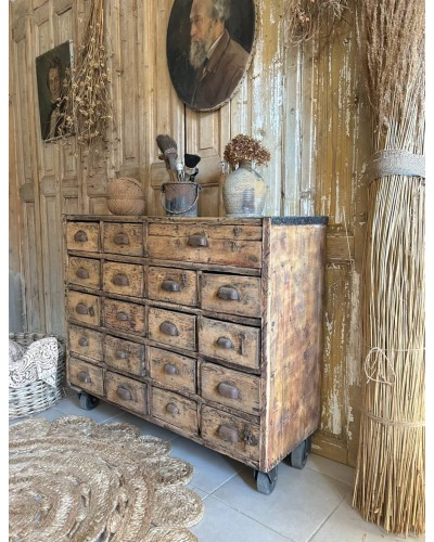 Ancien meuble d'atelier en bois, meuble de quincaillerie