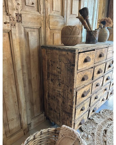 Ancien meuble d'atelier en bois, meuble de quincaillerie