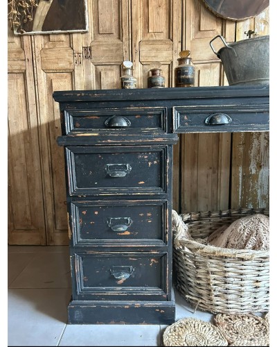 Bureau ancien patiné noir, meuble vasque