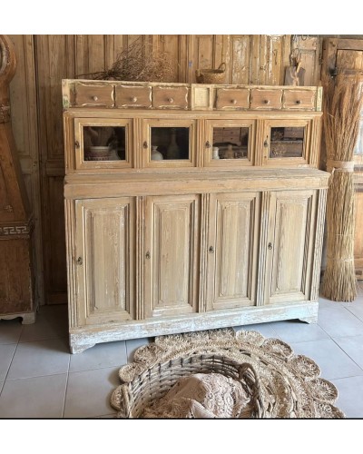Ancien meuble d'épicerie en bois, vitrines et tiroirs
