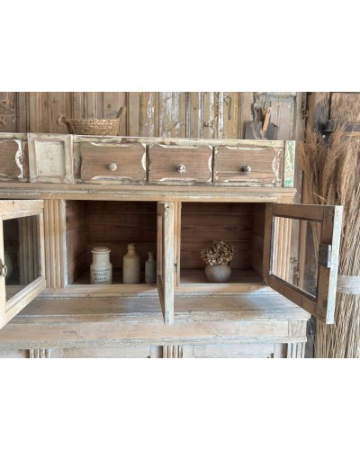 Ancien meuble d'épicerie en bois, vitrines et tiroirs