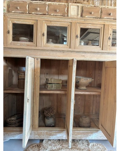 Ancien meuble d'épicerie en bois, vitrines et tiroirs