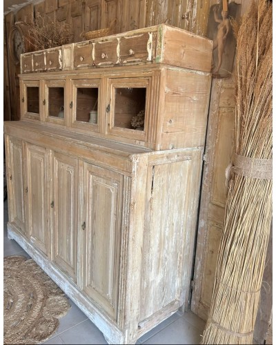 Ancien meuble d'épicerie en bois, vitrines et tiroirs