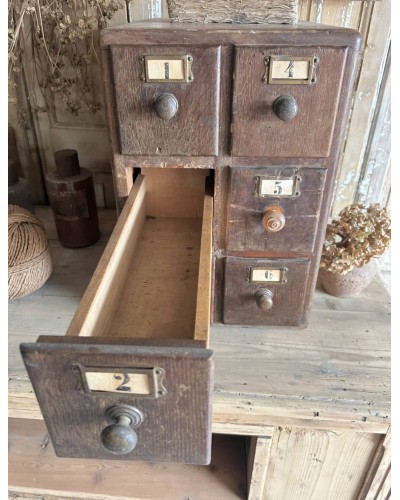 Petit meuble de métiers ancien à 6 tiroirs numérotés