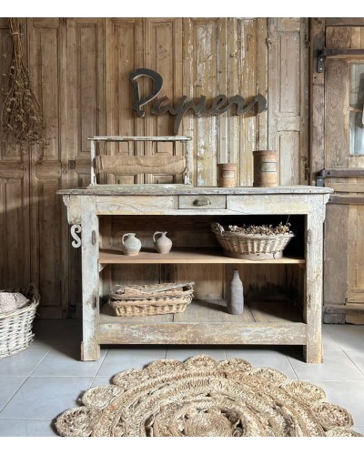 Ancien Comptoir de boutique en bois brut patiné
