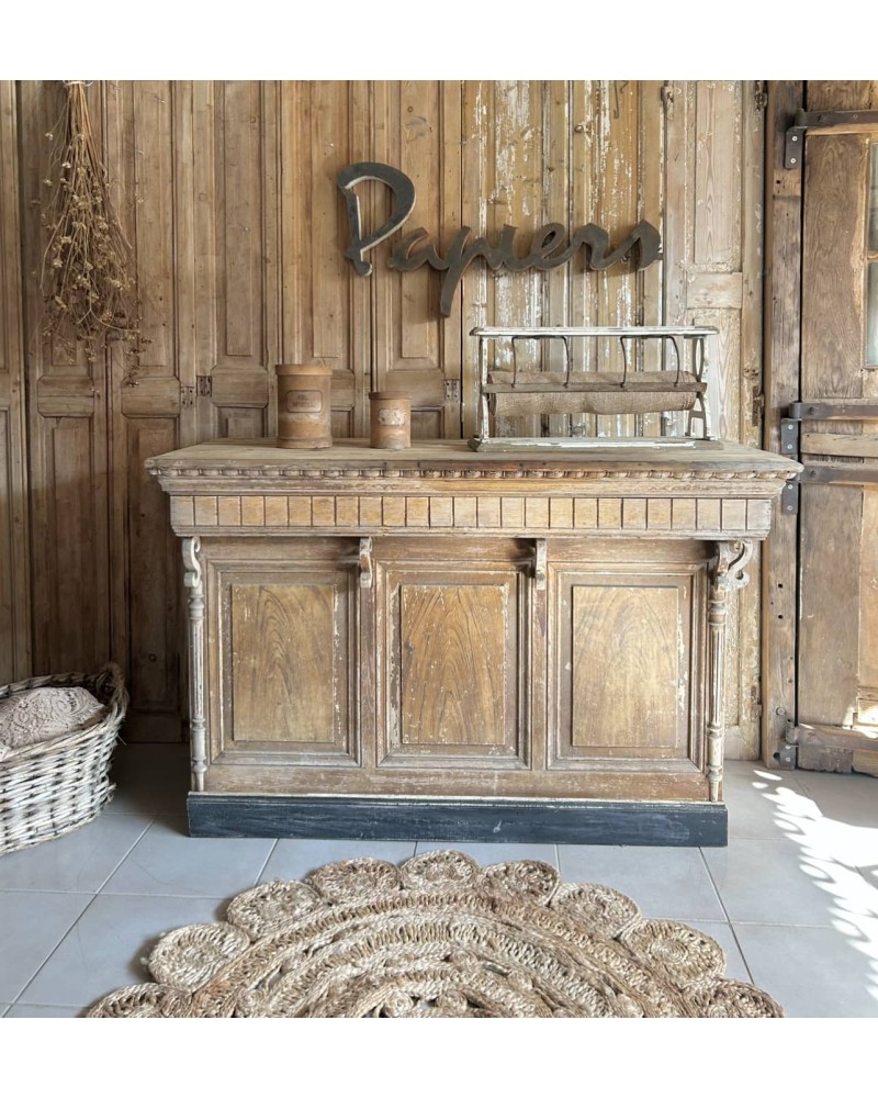 Ancien Comptoir de boutique en bois brut patiné