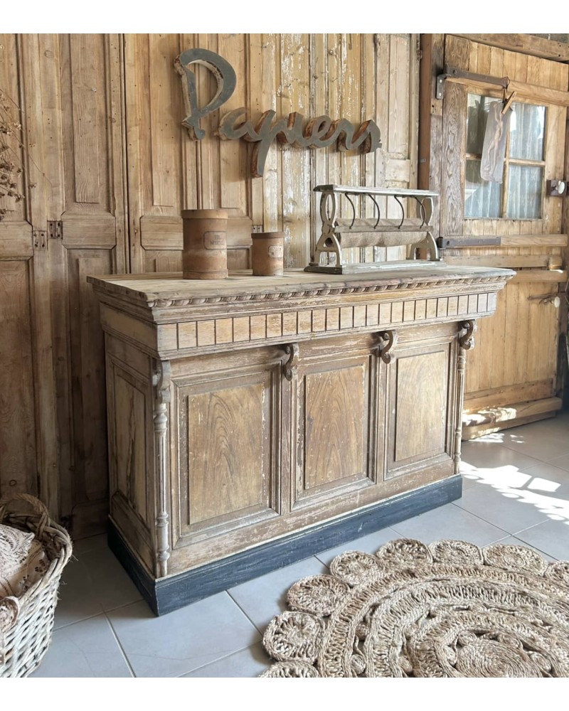 Ancien Comptoir de boutique en bois brut patiné