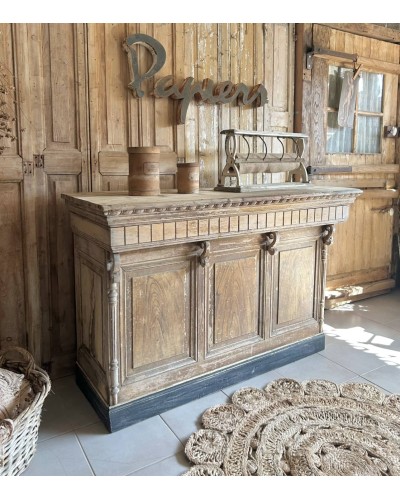 Ancien Comptoir de boutique en bois brut patiné