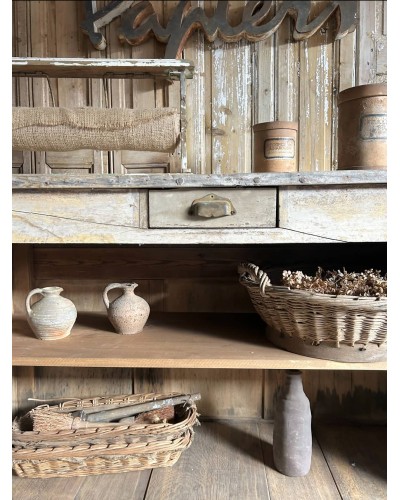 Ancien Comptoir de boutique en bois brut patiné