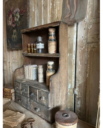 Petit meuble étagére ancien à tiroirs, esprit atelier et apothicairerie
