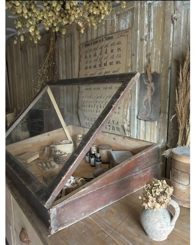 Ancienne vitrine de comptoir en bois et verre