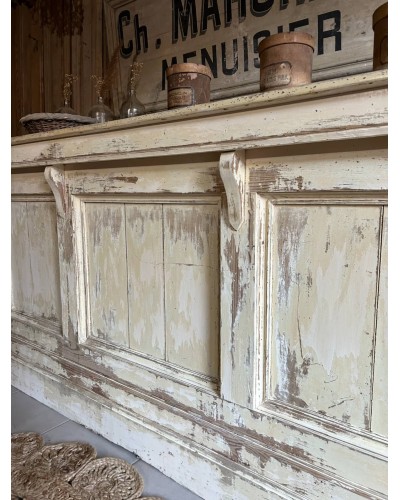Comptoir ancien de commerce patiné - Portes coulissantes & tiroir - Debut Axe
