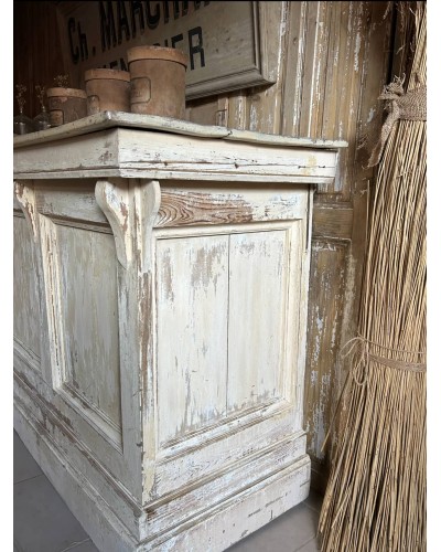 Comptoir ancien de commerce patiné - Portes coulissantes & tiroir - Debut Axe