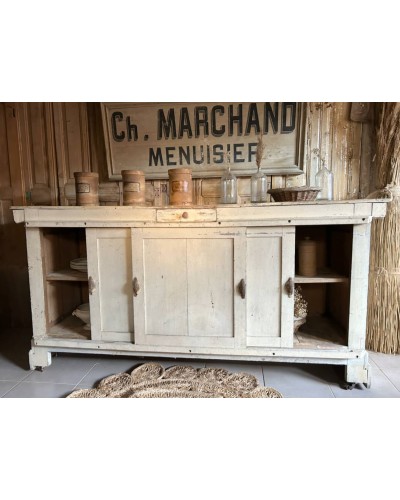 Comptoir ancien de commerce patiné - Portes coulissantes & tiroir - Debut Axe