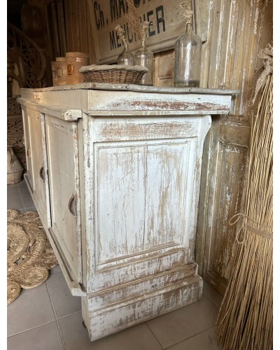 Comptoir ancien de commerce patiné - Portes coulissantes & tiroir - Debut Axe