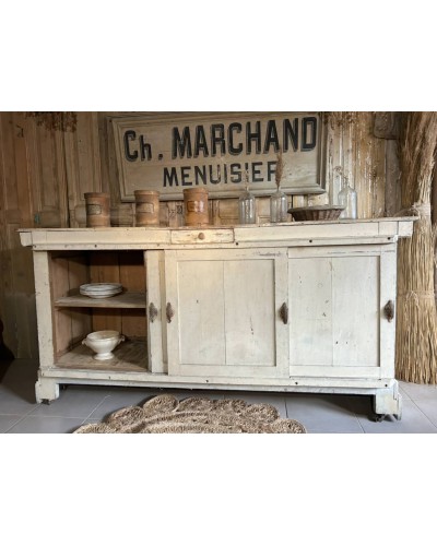 Comptoir ancien de commerce patiné - Portes coulissantes & tiroir - Debut Axe