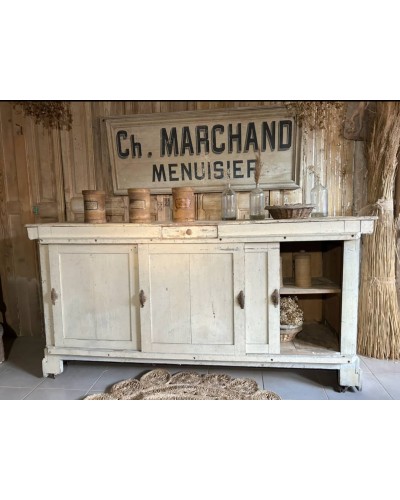 Comptoir ancien de commerce patiné - Portes coulissantes & tiroir - Debut Axe