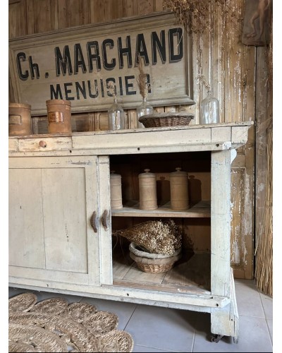 Comptoir ancien de commerce patiné - Portes coulissantes & tiroir - Debut Axe