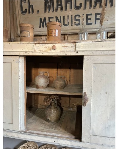 Comptoir ancien de commerce patiné - Portes coulissantes & tiroir - Debut Axe