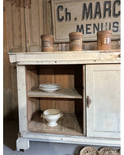 Comptoir ancien de commerce patiné - Portes coulissantes & tiroir - Debut Axe
