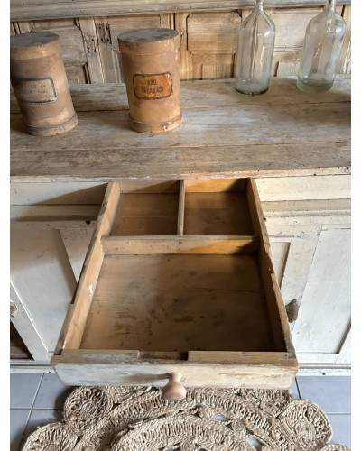 Comptoir ancien de commerce patiné - Portes coulissantes & tiroir - Debut Axe