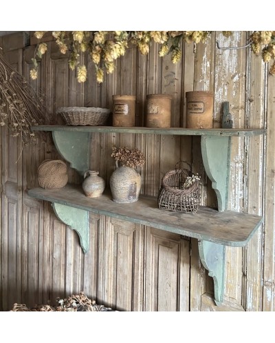Double étagère ancienne murale en bois patine vert