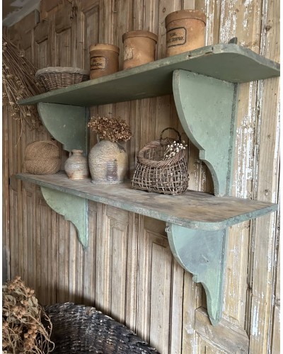 Double étagère ancienne murale en bois patine vert
