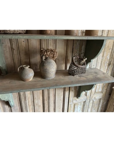 Double étagère ancienne murale en bois patine vert