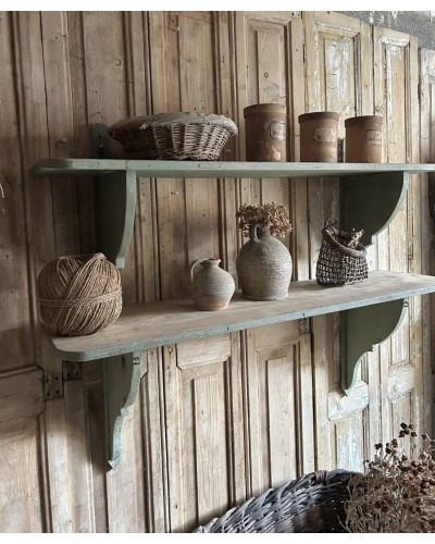 Double étagère ancienne murale en bois patine vert