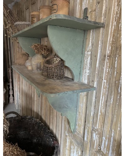 Double étagère ancienne murale en bois patine vert