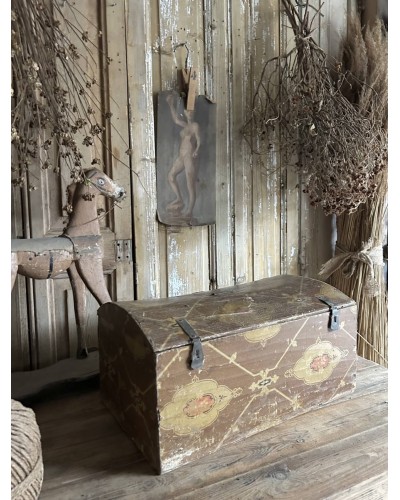 Boite ancienne en bois recouverte de papier peint  ancien fin XIXe