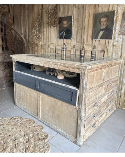 Meuble de métier ancien à vitrine  - comptoir central d'exposition avec tiroirs sur 3 faces