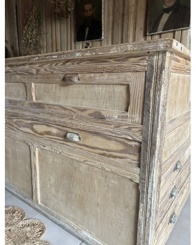 Meuble de métier ancien à vitrine  - comptoir central d'exposition avec tiroirs sur 3 faces