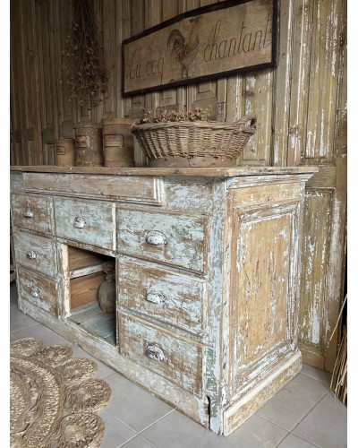 Comptoir ancien patiné - meuble de métier à tiroirs
