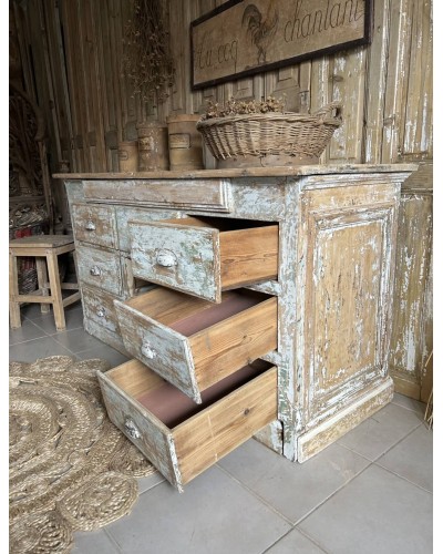 Comptoir ancien patiné - meuble de métier à tiroirs