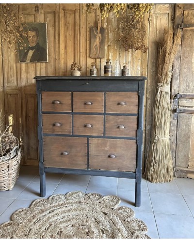 Ancien meuble de métier à tiroirs avec plateau ouvrant