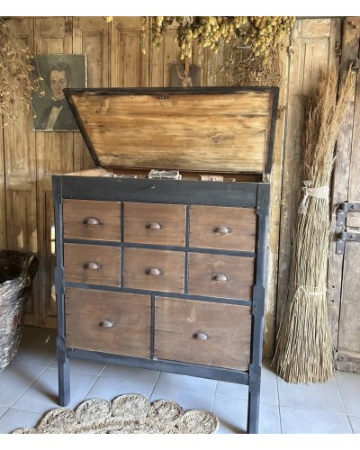 Ancien meuble de métier à tiroirs avec plateau ouvrant