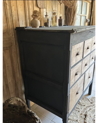 Ancien meuble de métier à tiroirs avec plateau ouvrant