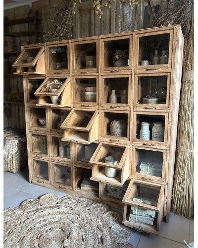 Ancien meuble à clapets vitrés et tiroirs coulissants , meuble de mercerie