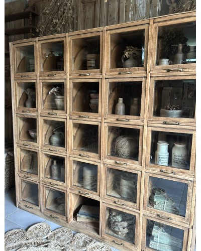 Ancien meuble à clapets vitrés et tiroirs coulissants , meuble de mercerie