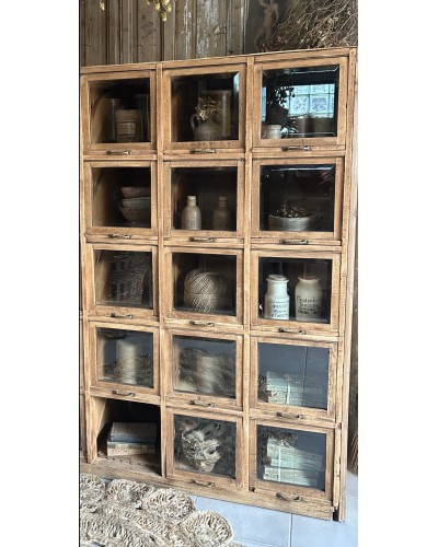 Ancien meuble à clapets vitrés et tiroirs coulissants , meuble de mercerie