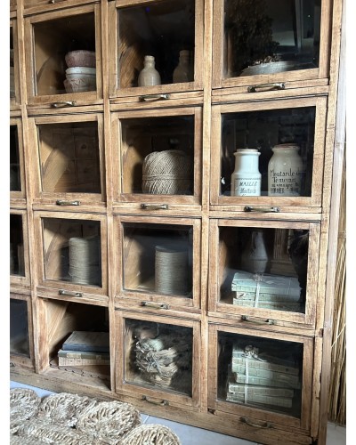 Ancien meuble à clapets vitrés et tiroirs coulissants , meuble de mercerie