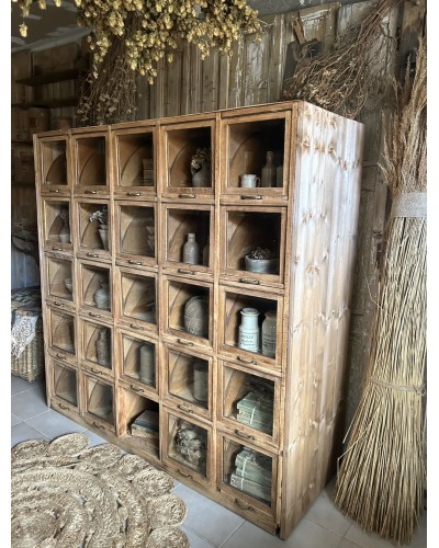 Ancien meuble à clapets vitrés et tiroirs coulissants , meuble de mercerie