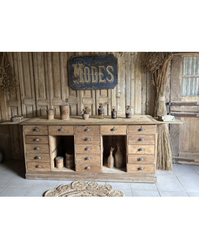 Fabuleux comptoir ancien en chêne avec tiroirs et tablettes rétractables debut XXe