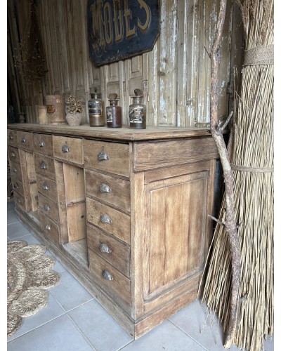 Fabuleux comptoir ancien en chêne avec tiroirs et tablettes rétractables debut XXe