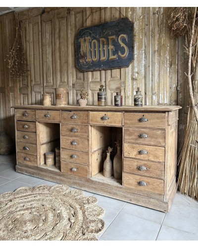 Fabuleux comptoir ancien en chêne avec tiroirs et tablettes rétractables debut XXe