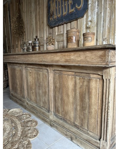 Fabuleux comptoir ancien en chêne avec tiroirs et tablettes rétractables debut XXe