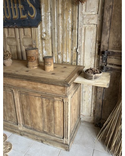 Fabuleux comptoir ancien en chêne avec tiroirs et tablettes rétractables debut XXe